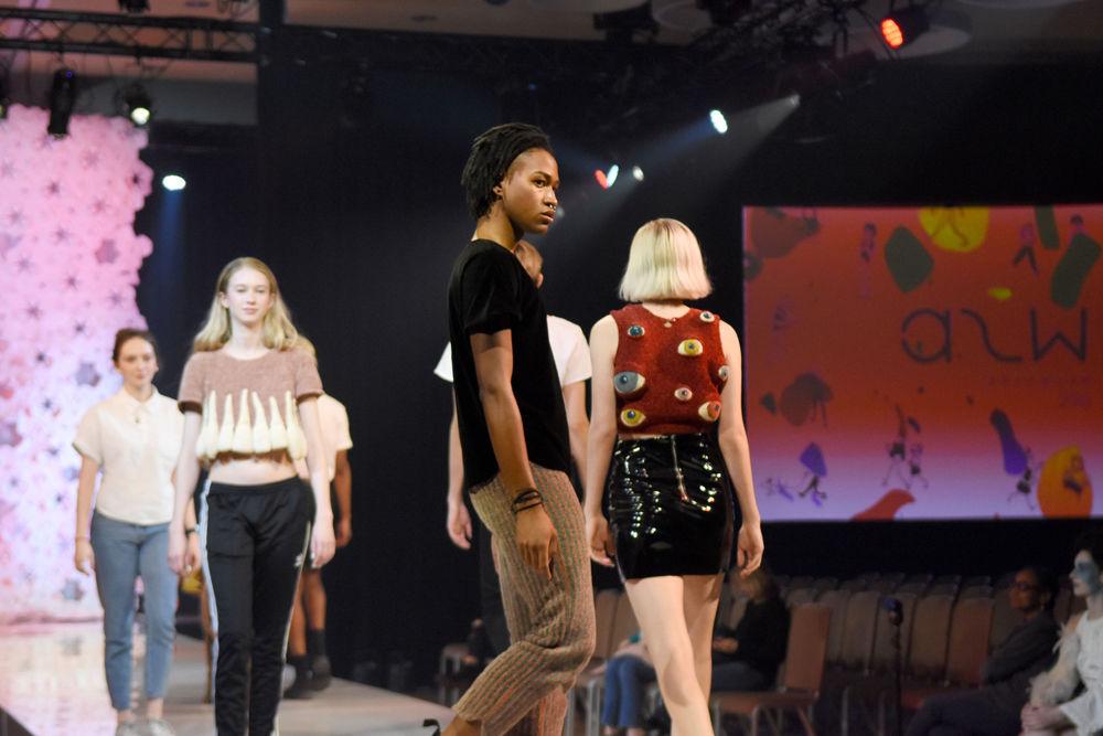 Models wear designs by fourth-year art and design student Grace Bilbao during the 17th annual Art2Wear fashion show on Friday, April 20, 2018 in Talley Student Union. Bilbao's collection "Akin" drew inspiration from interpersonal relationships.
