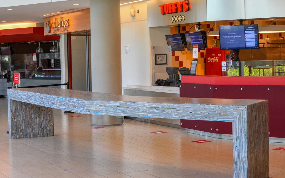 In Talley Student Union, tables and chairs have been removed from around the building's restaurants.