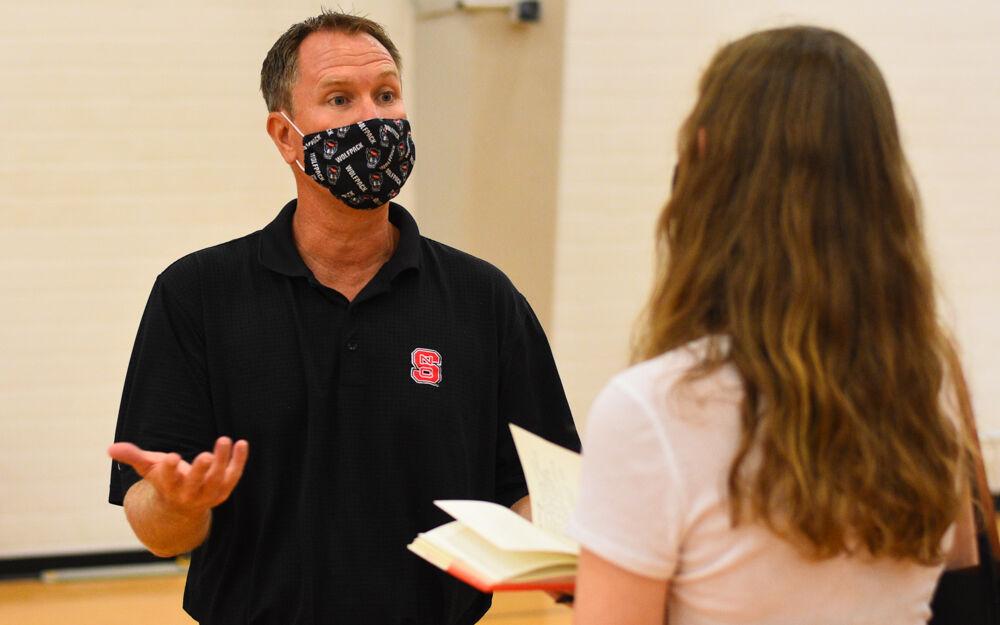 Eric Hawkes, executive director of NC State Wellness and Recreation, explains the changes being made to Carmichael Gym due to COVID-19 to journalists during a tour given to the media on July 22, 2020.
