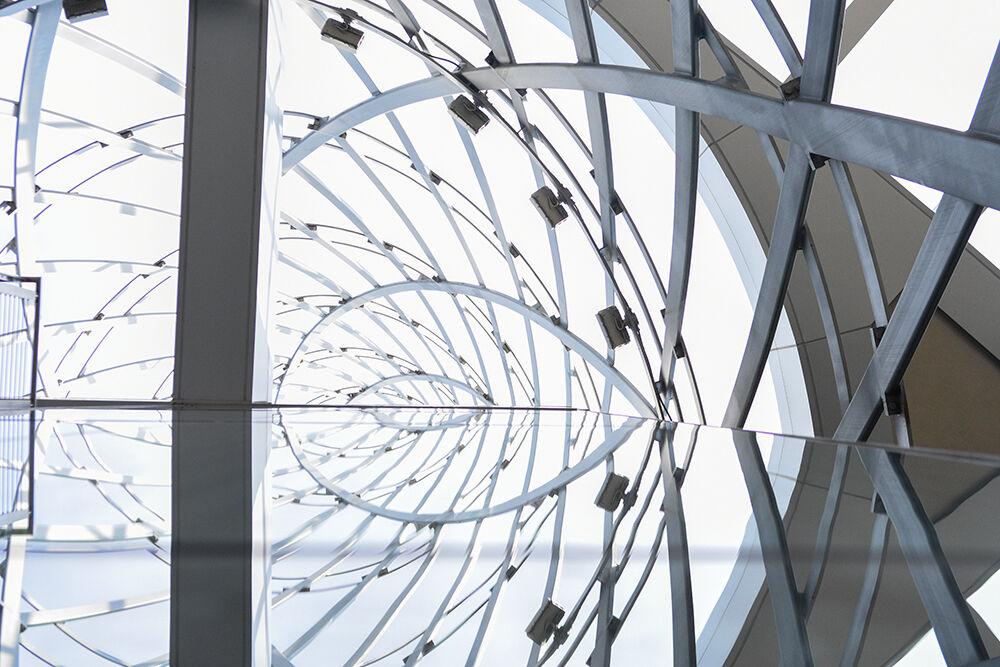 The reflection of the spire in the glass elevator at Talley Student Union on Saturday, August 8, 2020.&#160;