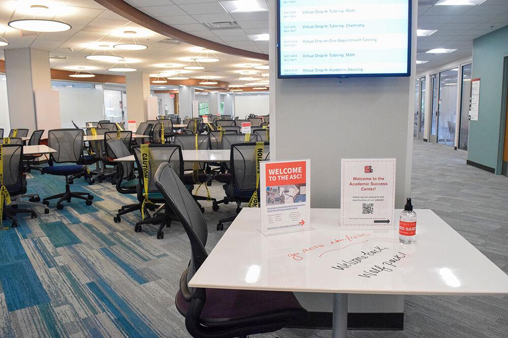The second floor of D.H. Hill Library welcomes new students on Saturday, Aug. 20, 2020. The recently renovated floor now features caution-taped chairs to ensure social distancing while working at desks.