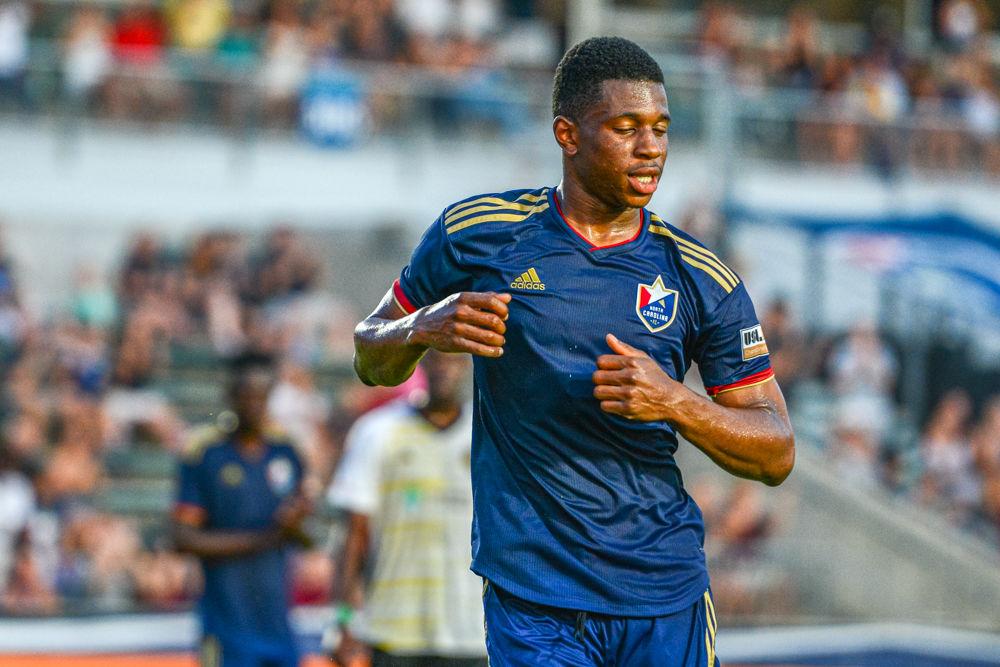 NCFC midfielder Dre Fortune dances after scoring on a penalty kick on Saturday, Aug. 17 at WakeMed Soccer Park. Fortune totaled two goals and one assist in NCFC&#8217;s 5-0 win over Pittsburgh Riverhounds SC.