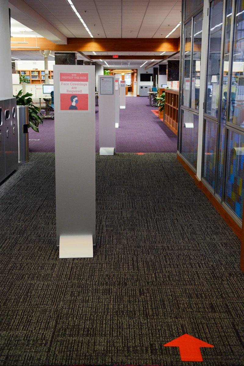 New signs display safety information and direct traffic at D.H. Hill Library on Thursday, Aug 20, 2020. D.H. Hill still remained open despite classes being moved online.