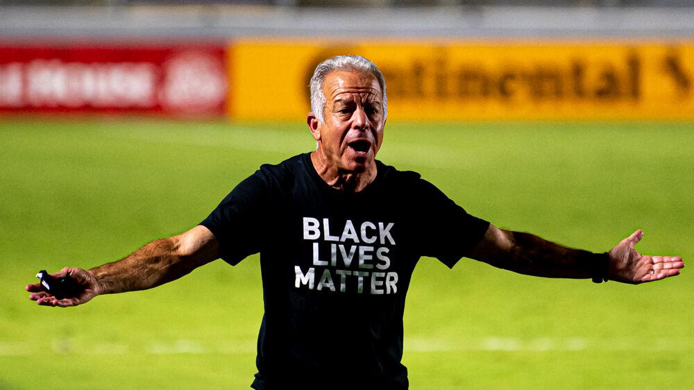 NCFC head coach Dave Sarachan yells to a referee after a no-call during the game against Charleston Battery on Wednesday, Aug. 19, 2020 at WakeMed Soccer Park. NCFC lost 3-0.
