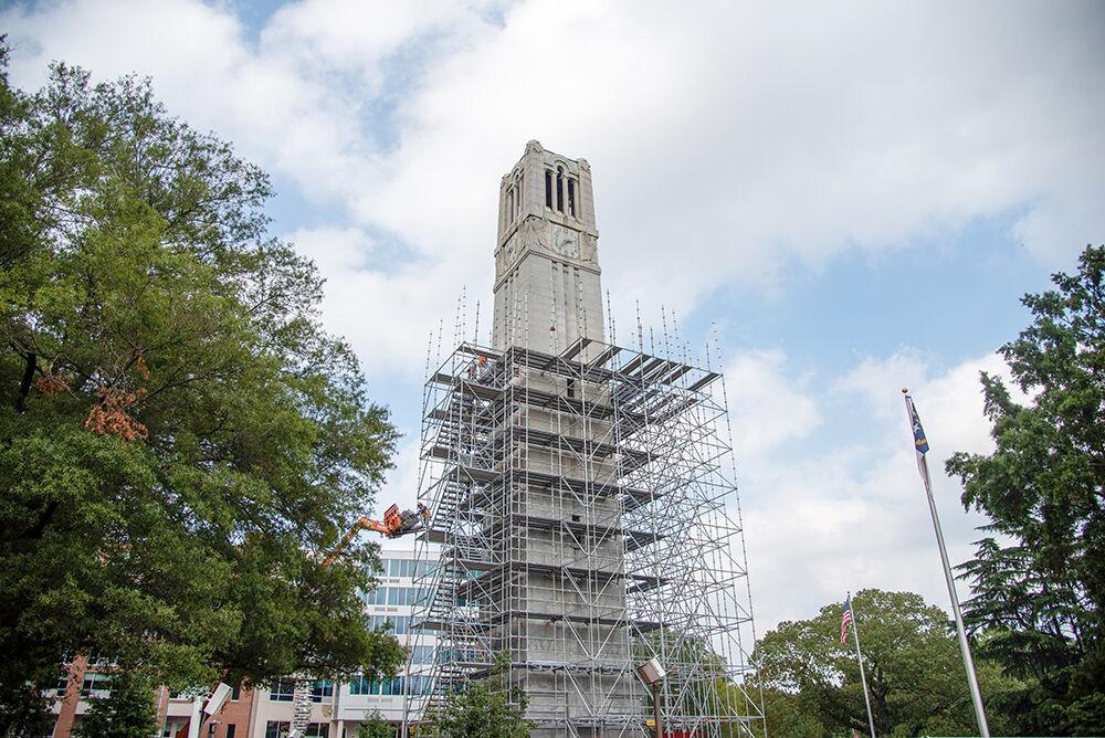 North Carolina State University&#8217;s Memorial Belltower under construction on September 9, 2019. The construction on the Belltower began 2 weeks ago and is scheduled to wrap up right before the Belltower&#8217;s 100 year anniversary in 2021.