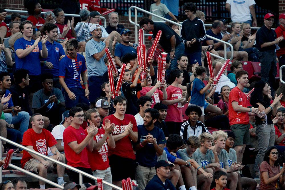 Fans celebrate after a second goal at the NC state men&#8217;s soccer game against Notre Dame on Friday, Oct. 4, 2019 at Dail Soccer Stadium. NC State beat Notre Dame 2-0.