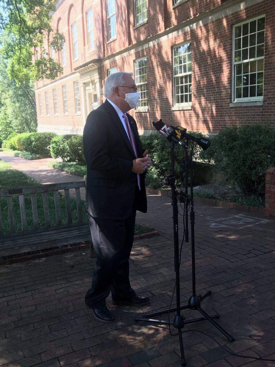 Chancellor Randy Woodson held an in-person press conference in front of Holladay Hall on Aug. 26 after the announcement of reducing campus housing due to the COVID-19 pandemic.&#160;