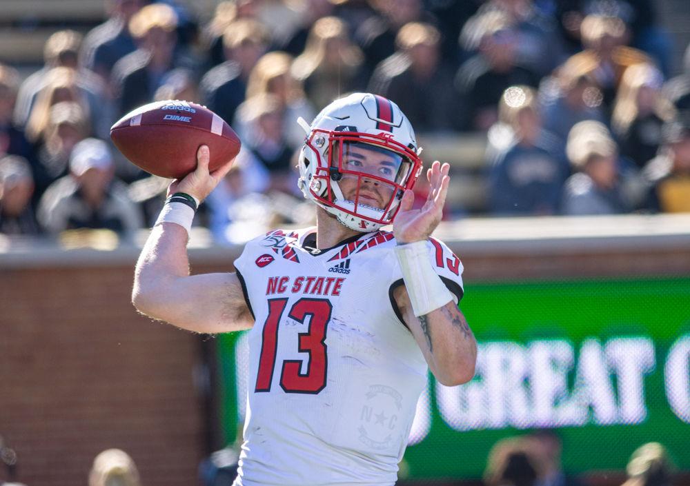 Redshirt freshman quarterback Devin Leary throws a pass versus Wake Forest on Saturday, Nov. 2, 2019 at BB&amp;T field. Leary had 17 completions in 45 attempts. The Wolfpack lost 44-10.