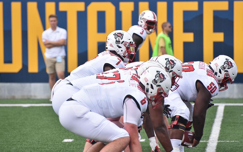 NC State's offensive line warms up before its game against West Virginia on, Sept. 19 2019 in Milan Puskar Stadium. The Wolfpack lost, 44-27.