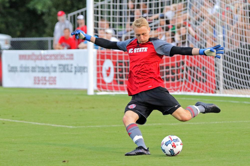 Sophomore goalkeeper Leon Krapf winds up to kick during the exhibition game against Appalachian State on Aug. 13, 2017 at Dail Soccer Field. The game ended in a 0-0 tie.