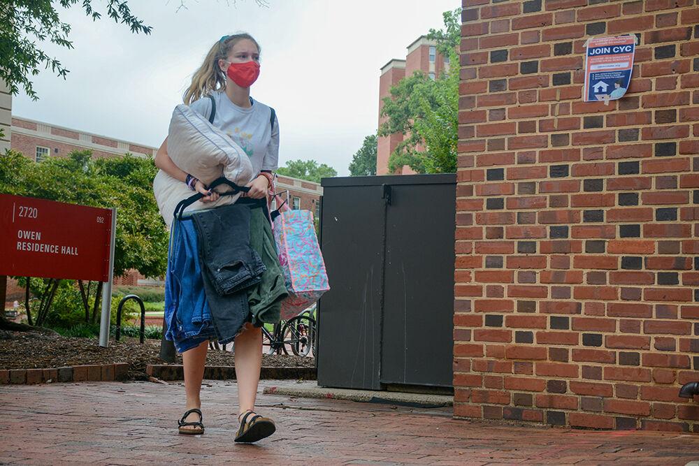 Ann Bennette Sasser, a first-year in exploratory studies, moves her belongings out of Owen Residence Hall on Tuesday, Sept. 1, 2020. Sasser said that it was frustrating having to move all of her things out of the dorm, then buy new things to furnish an apartment. &#8220;These few weeks were not what I expected, but it was fun while it lasted.&#8221;