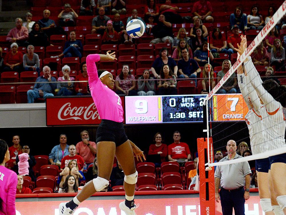 Sophomore middle blocker Pam Chukwujekwu goes up for the kill in Reynolds Coliseum October 27. Chukwujekwu had six kills, one assist, three block assists and one dig in the Wolfpack&#8217;s 3-0 loss to Syracuse.