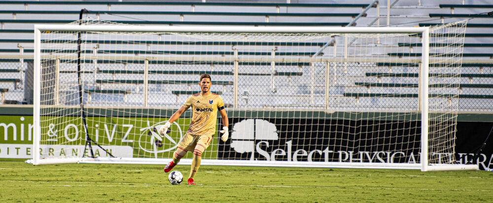 North Carolina FC goalkeeper Alex Tambakis passes against Charleston Battery on Wednesday, Aug. 19, 2020 at WakeMed Soccer Park. Tambakis recorded five saves and conceded three goals as NCFC lost 3-0.