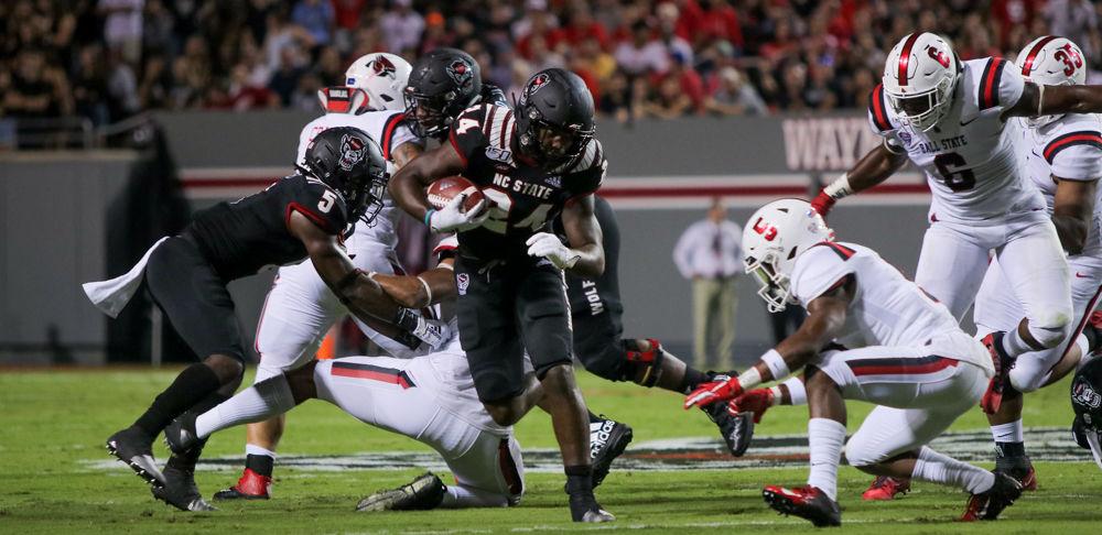 Freshman running back Zonovan Knight rushes during the game versus Ball State on Saturday, Sep. 21, 2019 at Carter-Finley Stadium. Knight had 36 rushing yards during the game, and the Wolfpack won 34-23.