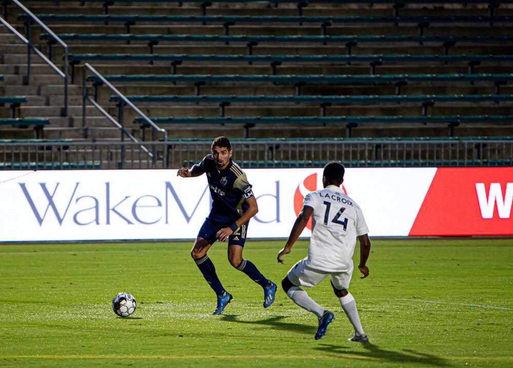 North Carolina FC midfielder Manny Perez looks at the Charlotte Independence net on Saturday, Sept. 19, 2020 at WakeMed Soccer Park. NCFC lost 1-0.