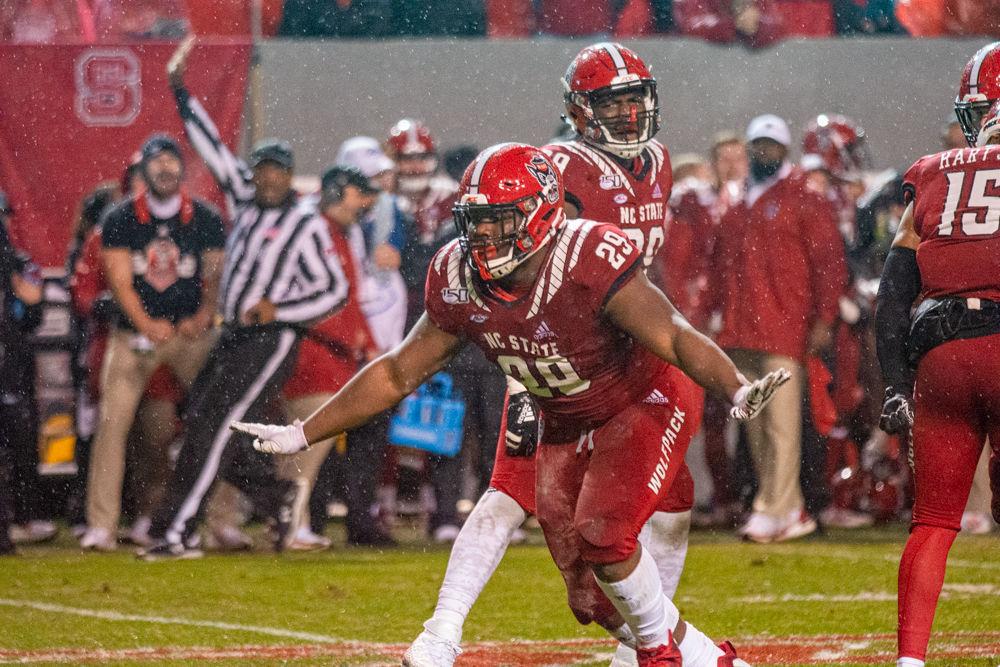 Sophmore defensive tackle Alim McNeill celebrates after a sack versus UNC on Saturday, Nov. 30, 2019 at Carter-Finley Stadium. McNeill had two sacks and five tackles in the 41-10 loss.
