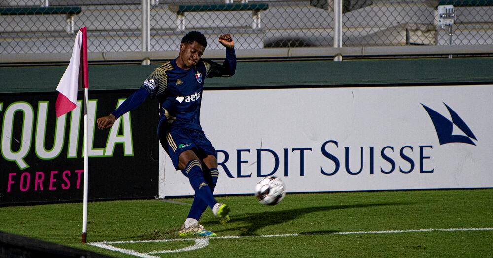 North Carolina FC midfielder Dre Fortune takes a corner kick against the Charlotte Independence on Saturday, Sept. 19, 2020 at WakeMed Soccer Park. NCFC lost 1-0.