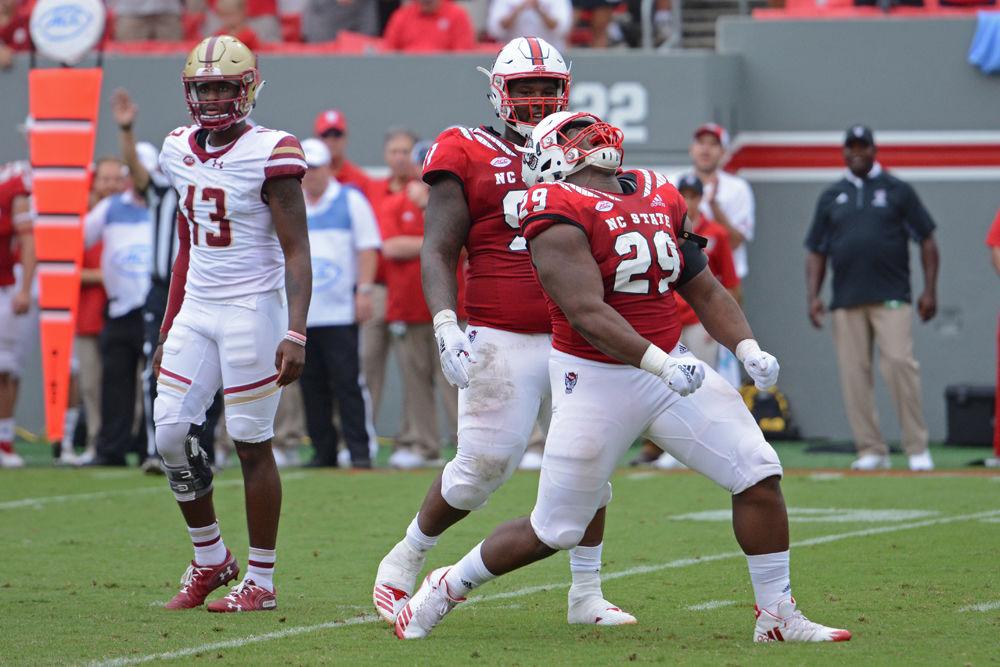 Freshman defensive tackle Alim McNeill celebrates during the game against Boston College on Saturday, Oct. 6, 2018 at Carter-Finley Stadium. McNeill had two total tackles including one assisted tackle for loss as the Wolfpack won 28-23.