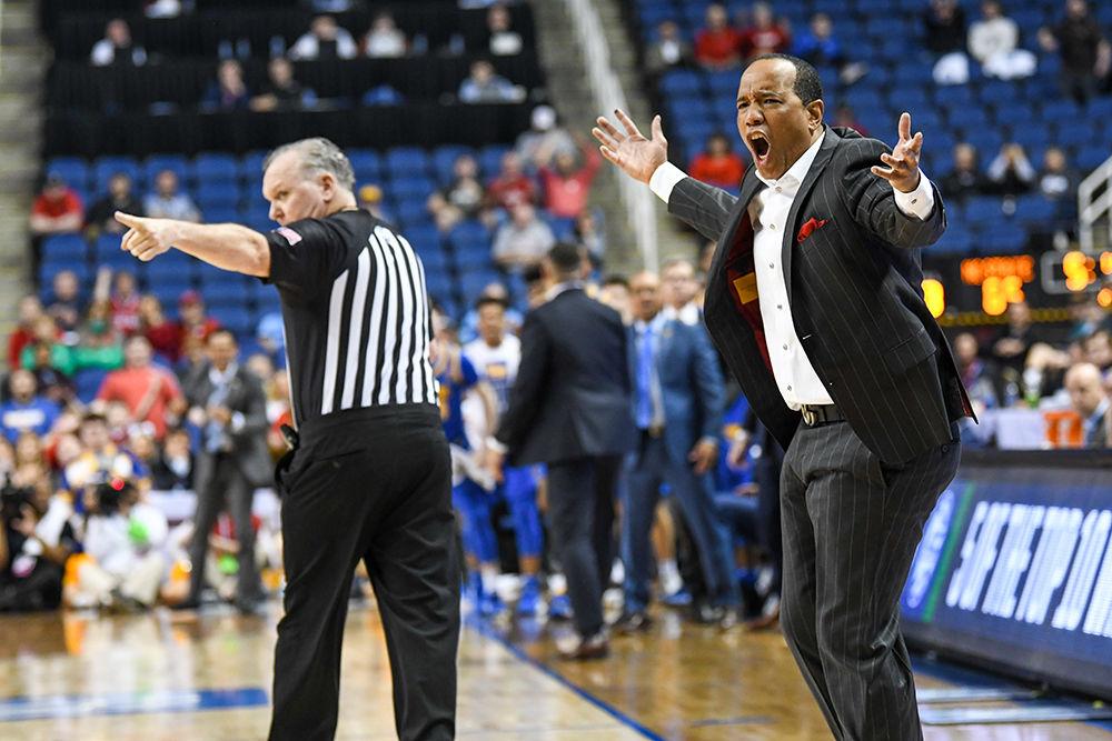 Head coach Kevin Keatts questions a missed foul call during the 2020 New York Life ACC Tournament game versus the Pittsburgh Panthers on Wednesday, March 11, 2020 in the Greensboro Coliseum. The Wolfpack beat the Panthers 73-58.