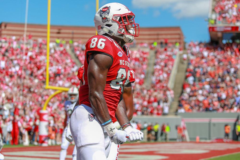 Sophomore wide receiver Emeka Emezie celebrates after scoring the first Wolfpack touchdown on Saturday, Sept. 29 at Carter-Finley Stadium. Emezie had five receptions for 90 yards during the 35-21 win over Virginia.