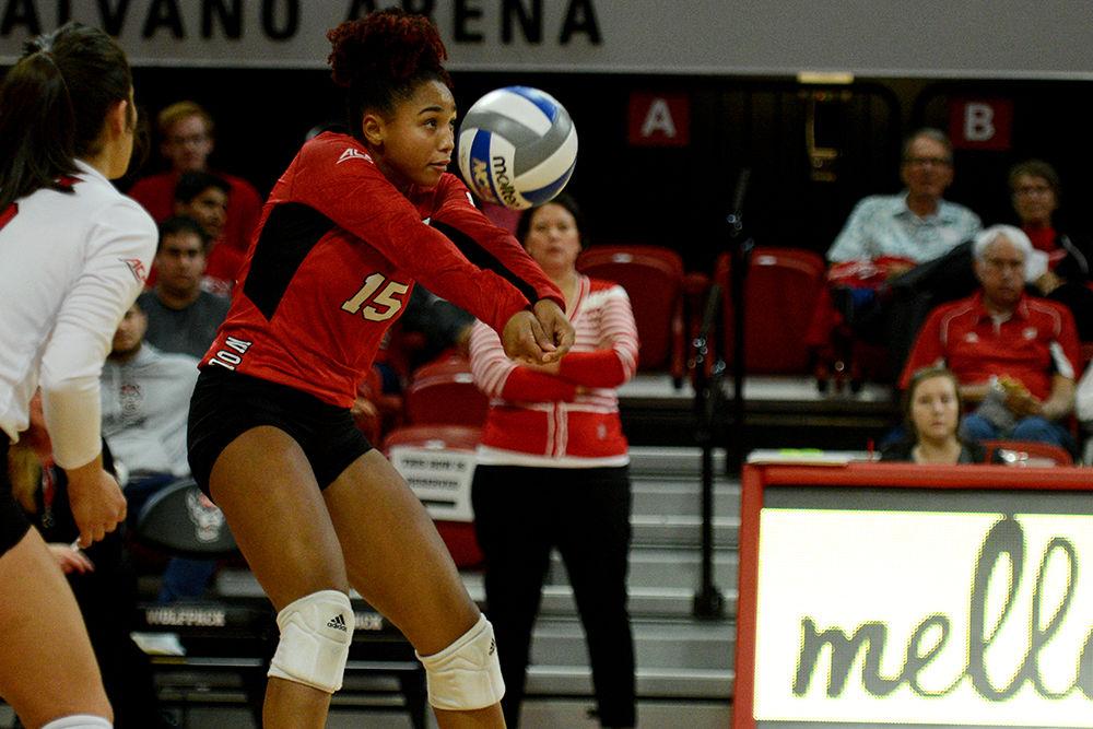 Sophomore outside hitter, Jade Parchment digs the ball against UNC on Oct. 2, 2019 in Reynolds Coliseum. Parchment played in five sets and had 14 kills, one ace and ten digs in the 2-3 loss to UNC.