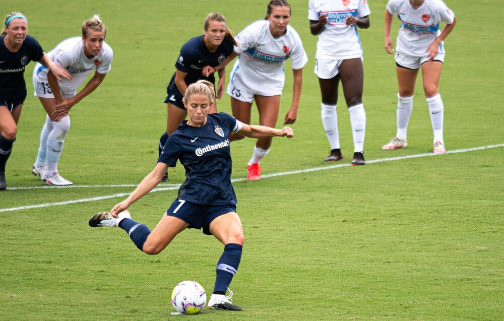 NC Courage defender Abby Dahlkemper scores a penalty kick against the Houston Dash on Saturday, Sept. 12 at WakeMed Soccer Park. The Courage won 4-3.