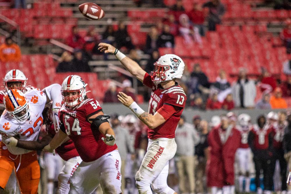Redshirt freshman quarterback Devin Leary passes the football versus Clemson on Saturday, Nov. 9, 2019 at Carter-Finley Stadium. Leary had 14 completions on 29 attempts and passed for 166 yards in the 55-10 loss.