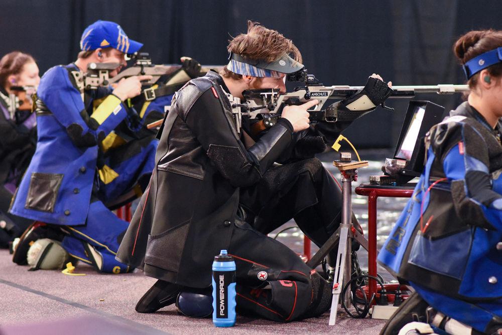 Sophomore shooter William Marciniak takes aim during the smallbore event of the Wolfpack's meet against North Georgia on Jan 29. Marciniak earned a score of 566 in the smallbore competition and 572 in the air rifile event in the 4657-4547 win at Reynolds Coliseum.