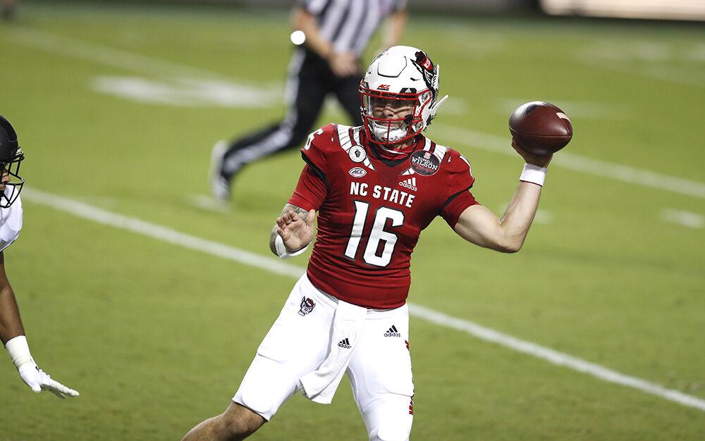 N.C. State quarterback Bailey Hockman (16) passes during the first half of N.C. State's game against Wake Forest at Carter-Finley Stadium in Raleigh, N.C, Saturday, Sept. 19, 2020.