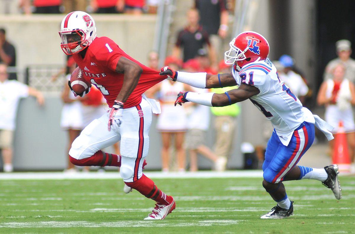 Freshman wide receiver Marquez Valdes-Scantling takes off down the field after receiving a pass against Louisiana Tech Saturday, August 31, 2013. Valdes-Scantling had 4 completed passes for 87 yards in the Wolfpack's 40-14 win against the Bulldogs at Carter-Finley Stadium.