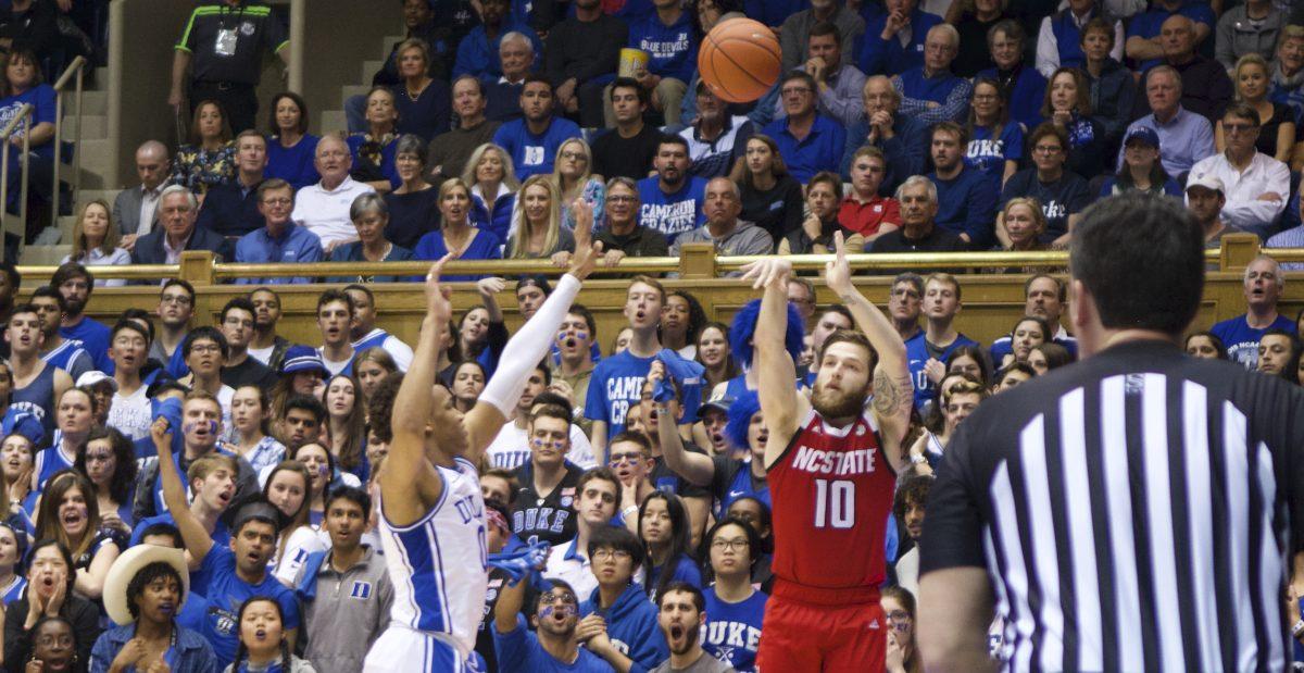 Junior guard Braxton Beverly shoots against Duke on Monday, March 2 at Cameron Indoor Stadium. Beverly scored three points and committed four fouls as the Wolfpack lost 88-69.