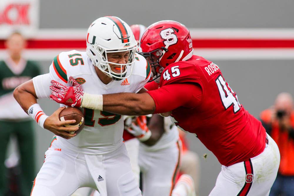 Sophomore defensive end Darian Roseboro breaks through the line for a sack. Roseboro had the one sack for 11 yards during the 27-13 loss to Miami on Saturday in Carter-Finley Stadium.
