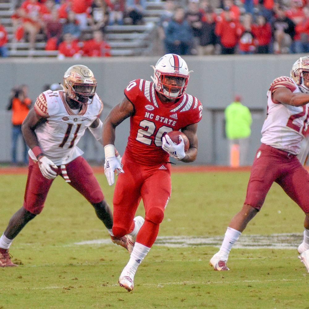 Freshman running back Ricky Person, Jr. makes a run. Person had 50 rushing yards and two touchdowns in the Wolfpack's 47-28 win against the Florida State Seminoles on Nov. 3, 2018, in Carter Finley Stadium.