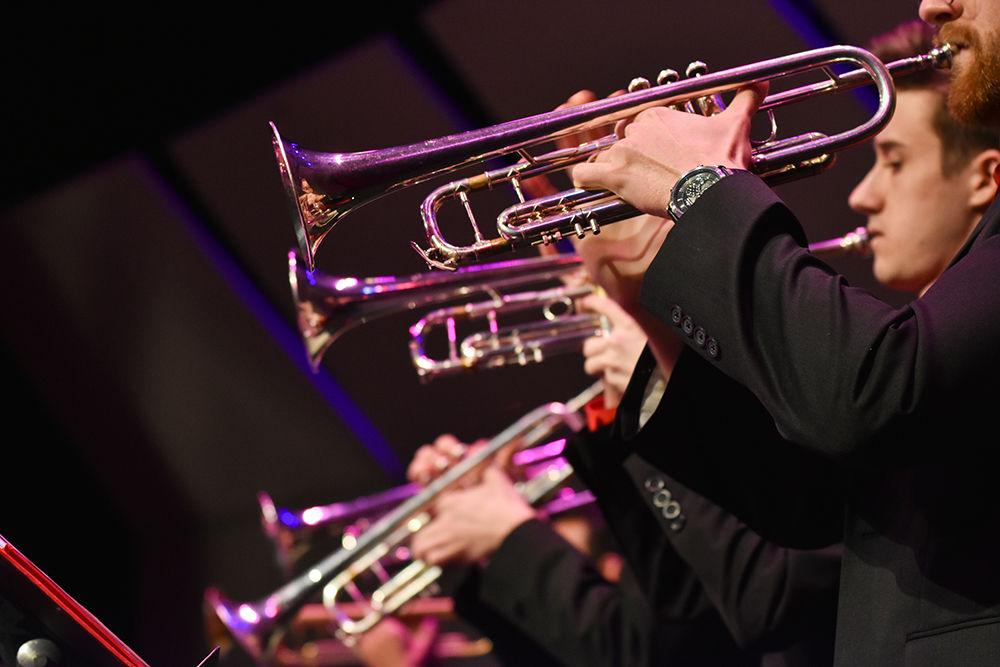 The trumpet section of the Jazz Orchestra performs at the NC State Jazz Concert on Tuesday, Feb. 25, 2020 at Stewart Theatre. The concert also featured performances from the Jazz Lab Band.