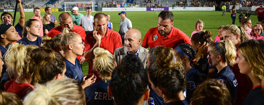 NC Courage head coach Paul Riley talks to his team after the 6-1 win over the Orlando Pride on Saturday, Sept. 14, 2019 at WakeMed Soccer Park.