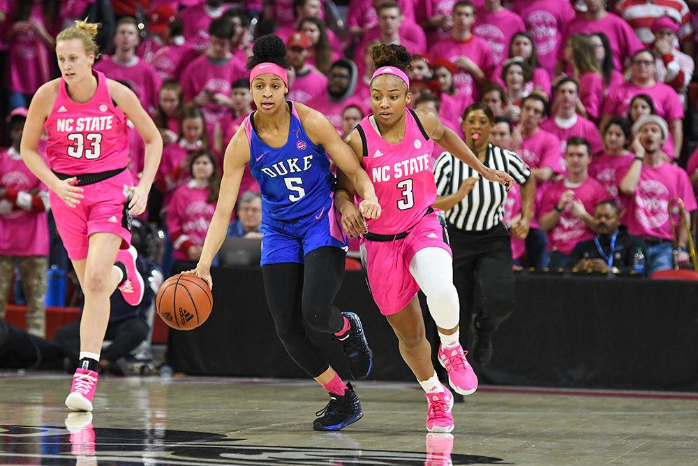 Junior guard Kai Crutchfield chases after the ball during the game versus the Duke Blue Devils on Monday, Feb. 24, 2020 in Reynolds Coliseum during the 15th annual Play 4 Kay game. NC State lost to Duke 70-65.