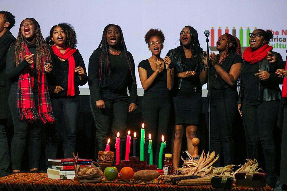 The Uninhibited Praise Gospel Choir sings at the Kwanzaa celebration in the Witherspoon Cinema on Dec. 4, 2019. Kwanzaa is a celebration of African diaspora through the seven principles of Nguzo Saba.