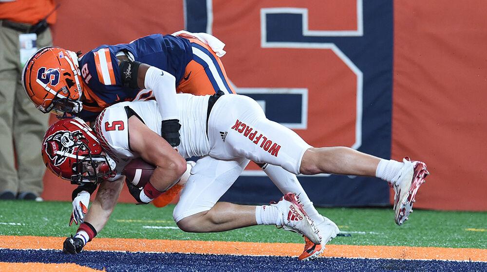 North Carolina State Wolfpack wide receiver Thayer Thomas (5) with a touchdown catch in the second quarter during a game against Syracuse on Saturday, Nov. 28, 2020, at the Carrier Dome in Syracuse, N.Y. Dennis Nett |dnett@syracuse.com