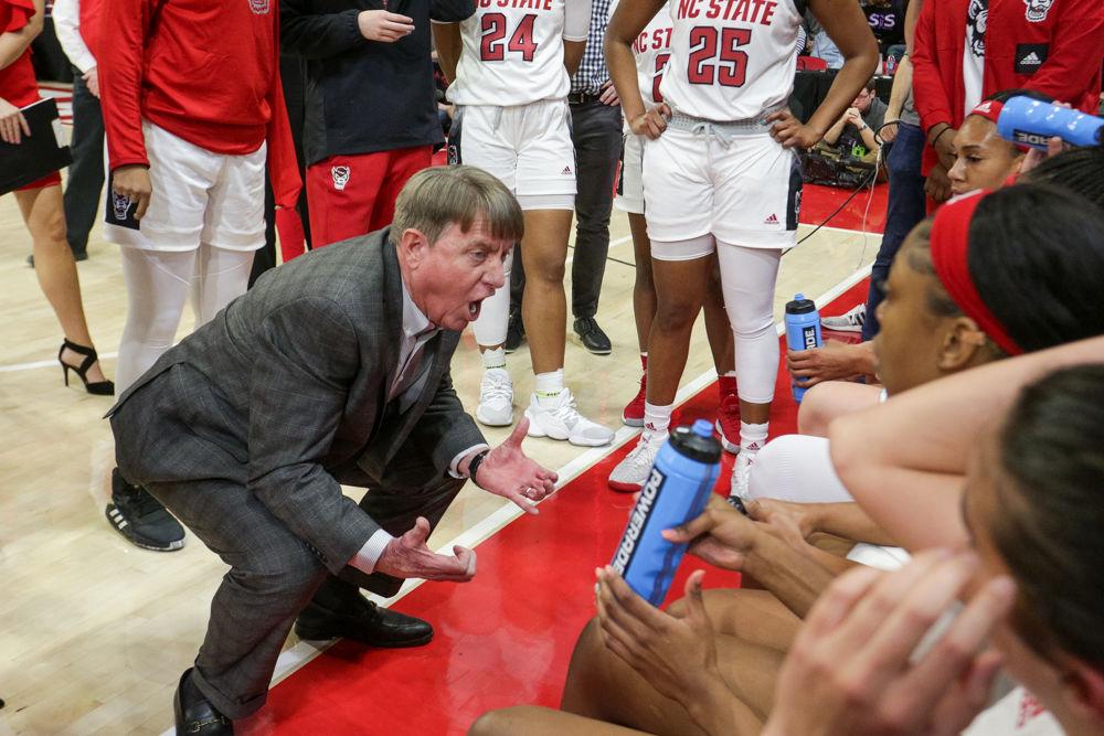 Head coach Wes Moore yells at the team after poor defensive play during the 76-68 win over UNC in Reynolds Coliseum on Sunday, Jan. 27, 2020.