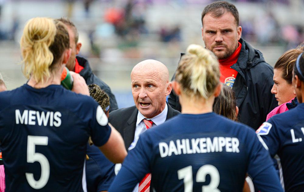 NC Courage head coach Paul Riley talks to his team before the start of extra time against Reign FC on Sunday, Oct. 20 at WakeMed Soccer Park. The Courage scored three goals after the end of regulation to win 4-1 and advance to the NWSL championship final.