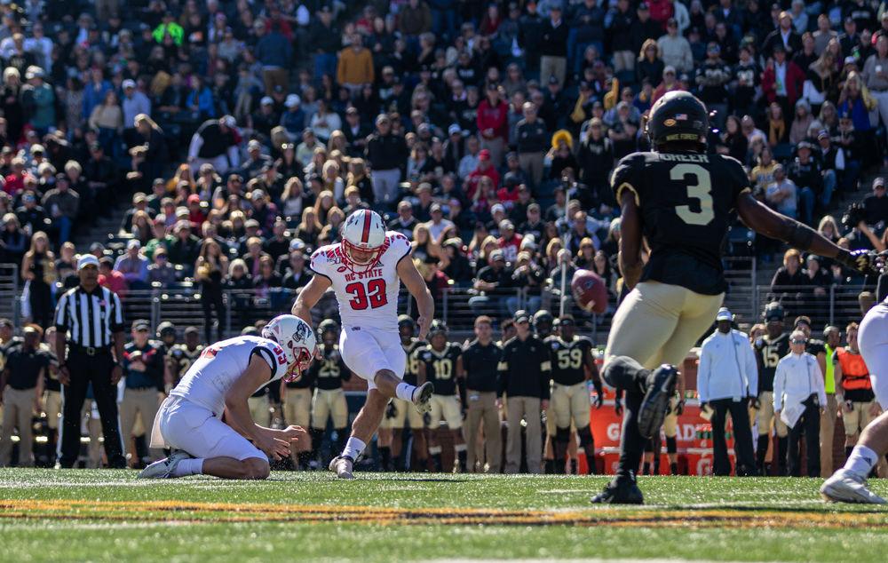 Sophmore placekicker Christopher Dunn attempts an extra point field goal on Saturday, Nov. 2, 2019 at BB&amp;T field. Dunn had one 40 yard field goal. The Wolfpack lost 44-10.