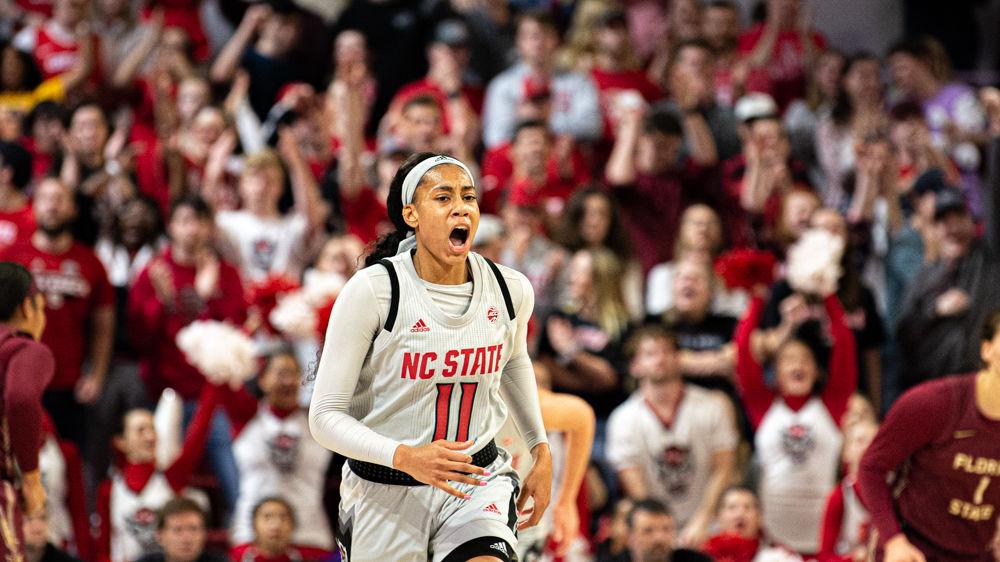 Freshman wing Jakia Brown-Turner celebrates a basket against Florida State on Thursday, Jan. 16, 2020 at Reynolds Coliseum. Brown-Turner recorded 18 points and eight rebounds as the Wolfpack won 68-51.