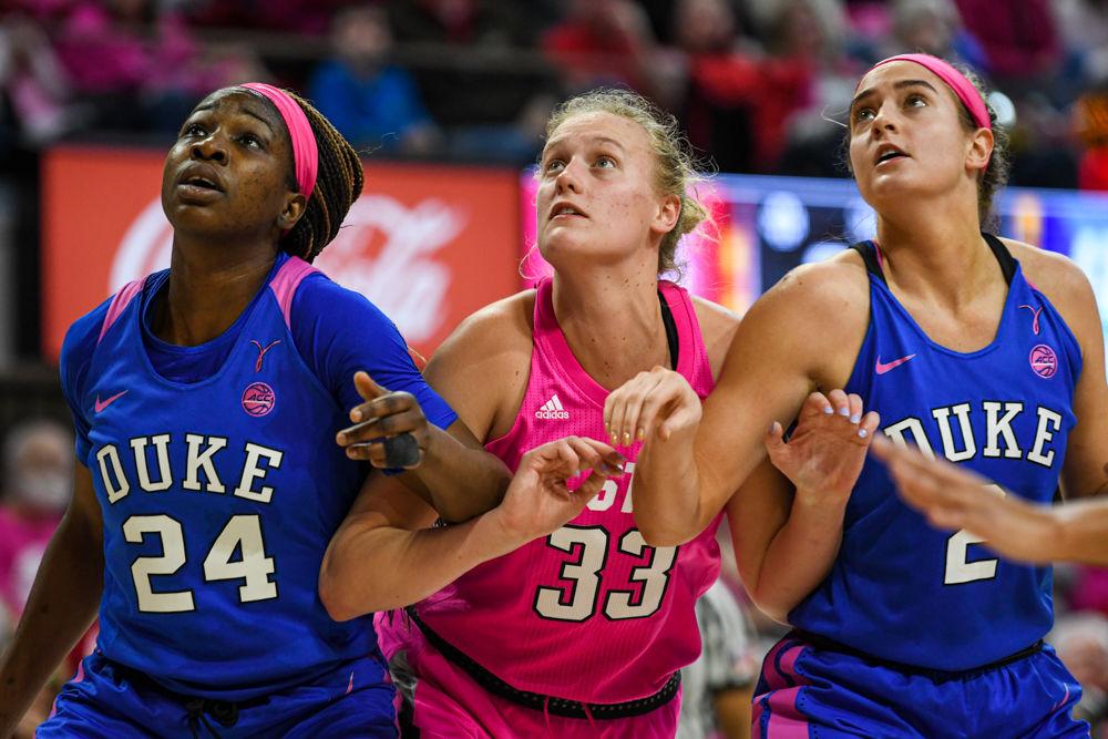 Sophomore center Elissa Cunane watches a foul shot during the game versus Duke on Monday, Feb. 24, 2020 in Reynolds Coliseum during the 15th Annual Play 4 Kay. Cunane scored 23 points and had 12 rebounds against the Blue Devils. NC State lost to Duke 70-65.