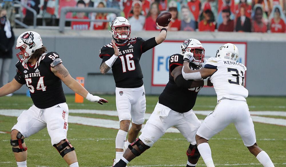 N.C. State quarterback Bailey Hockman (16) passes during the first half of N.C. State&#8217;s game against Georgia Tech at Carter-Finley Stadium in Raleigh, N.C., Saturday, Dec. 5, 2020.