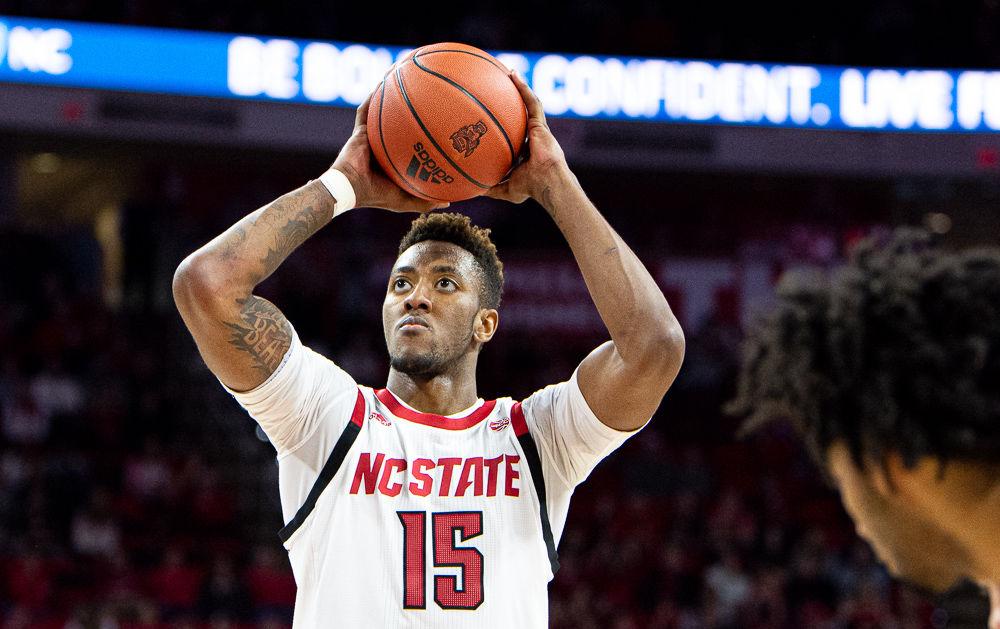 Redshirt freshman forward Manny Bates shoots a free throw against Pittsburgh on Saturday, Feb. 29 at PNC Arena. Bates recorded 13 points, 10 rebounds and five blocks as the Wolfpack won 77-73.