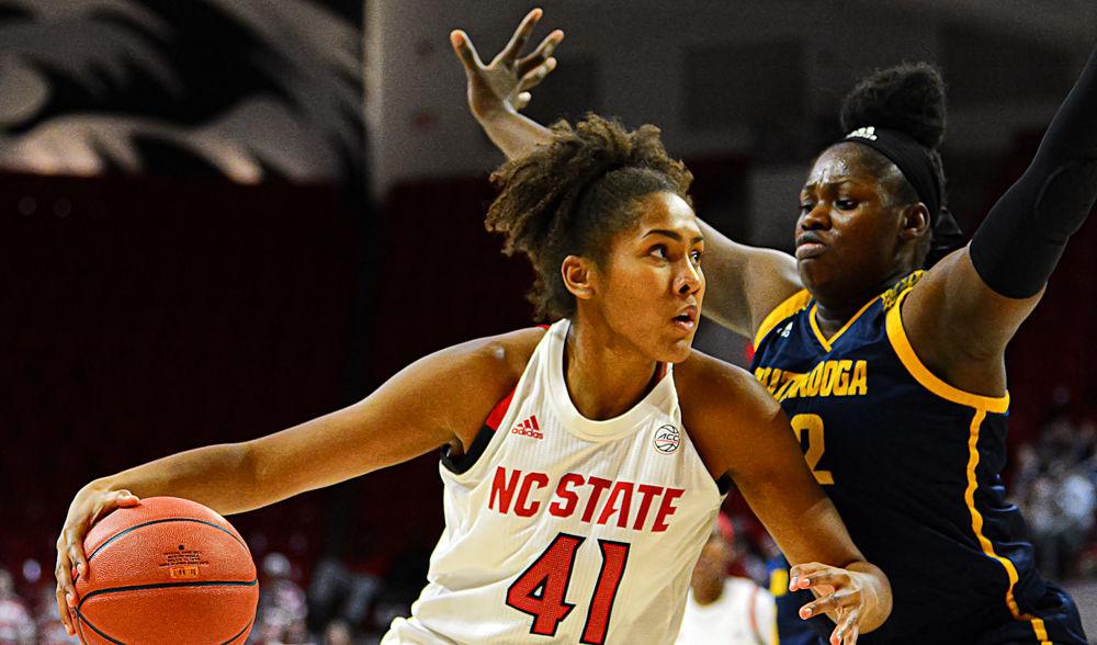 Freshman center Camille Hobby attacks the basket against Chattanooga on Thursday, Dec. 19, 2019 at Reynolds Coliseum. The Wolfpack won 74-38.