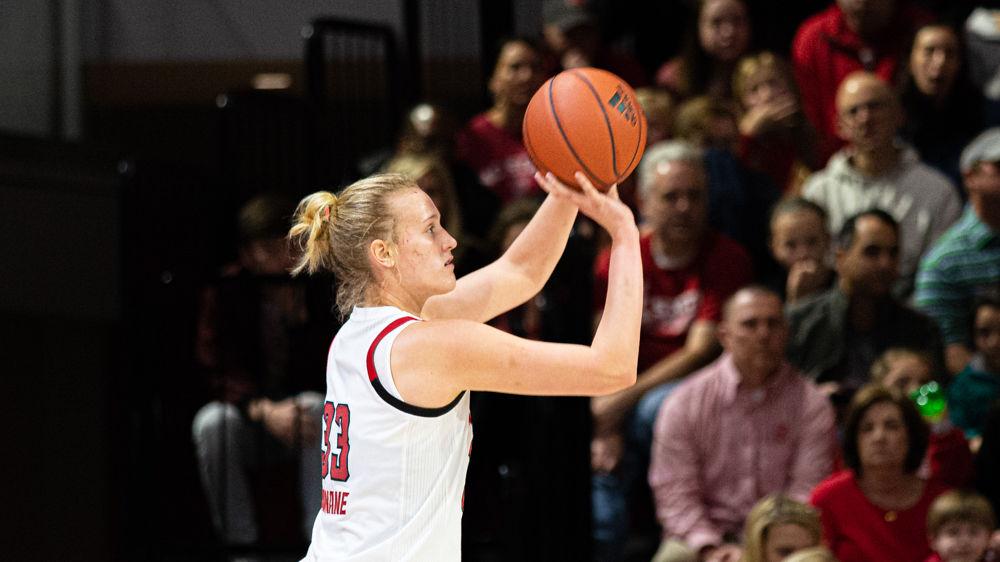 Sophomore center Elissa Cunane shoots against Wake Forest on Sunday, Jan. 19, 2020 at Reynolds Coliseum. Cunane recorded 10 points and eight rebounds as the Wolfpack won 59-45.