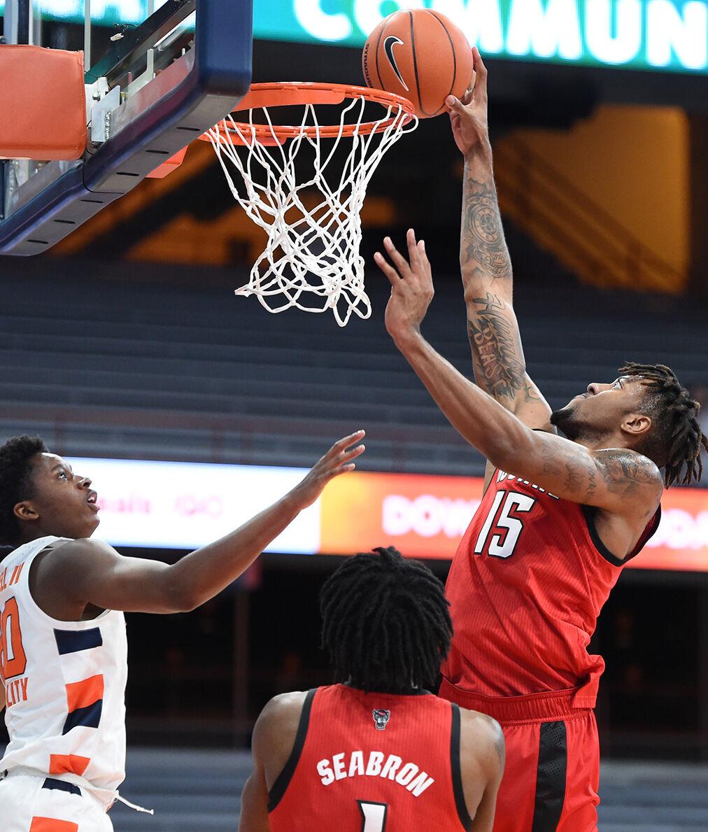 North Carolina State Wolfpack forward Manny Bates (15) with adjunct in a game between Syracuse and North Carolina Sunday Jan. 31, 2021. Dennis Nett | dnett@syracuse.com
