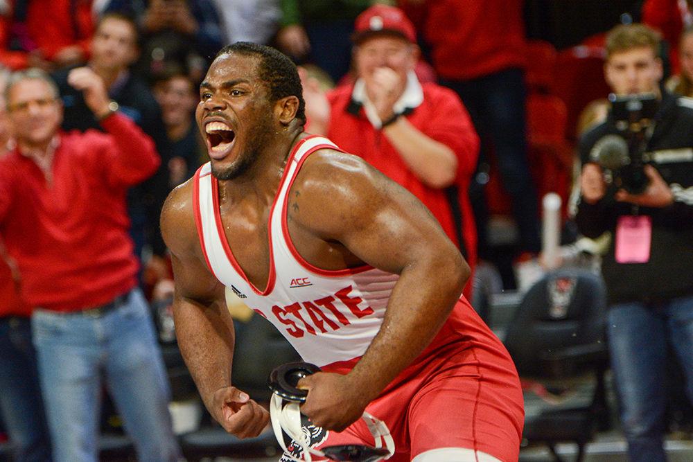 Deonte Wilson, a sophomore wrestling at 285 pounds, closes out the match against the UNC Tar Heels with a victory on Saturday, Feb. 7, 2020. In the 18-19 season, Wilson went 22-12 at heavyweight.