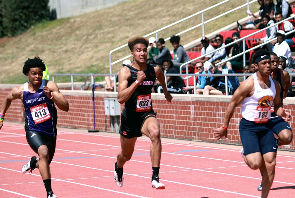 Freshman Jamar Davis sprints the 100 meter dash during the Raleigh Relays on March 29, 2019 at Paul Derr Track &amp; Field Facility. Davis finished 36th with a time of 11.16.